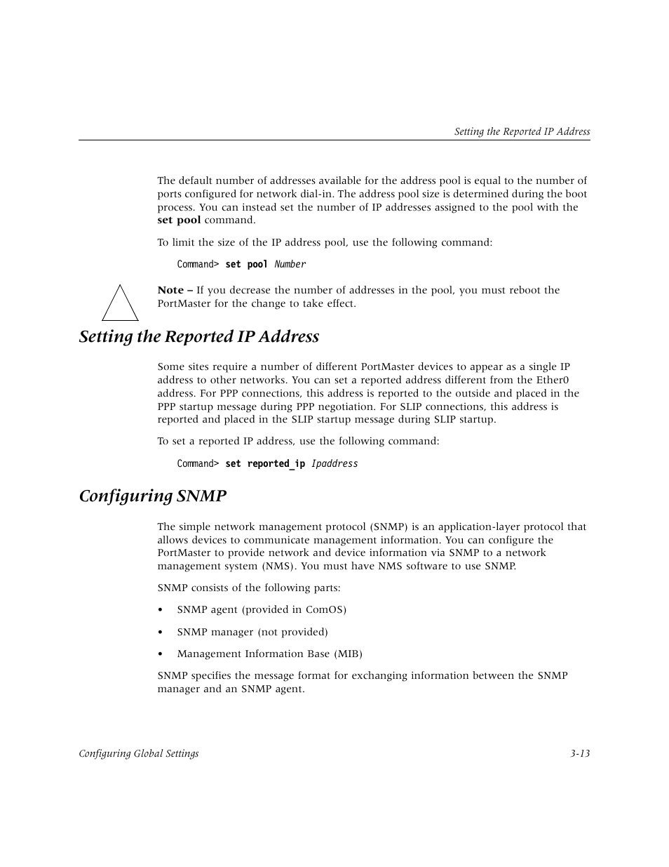 Setting the reported ip address, Configuring snmp, Setting the reported ip address -13 | Lucent Technologies PortMaster User Manual | Page 51 / 364
