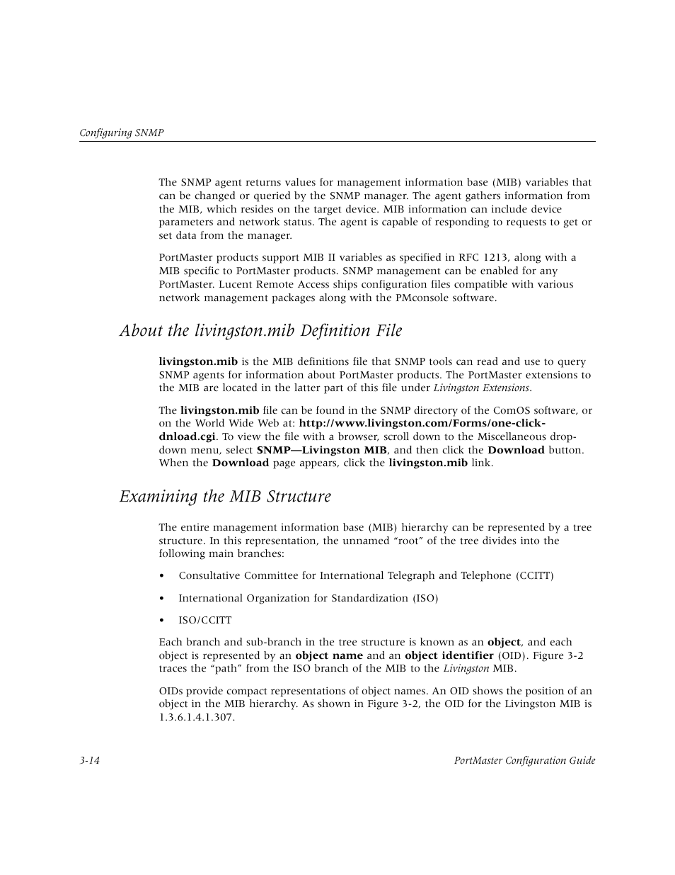 About the livingston.mib definition file, Examining the mib structure, About the livingston.mib definition file -14 | Examining the mib structure -14, Setting the ipx frame type | Lucent Technologies PortMaster User Manual | Page 52 / 364