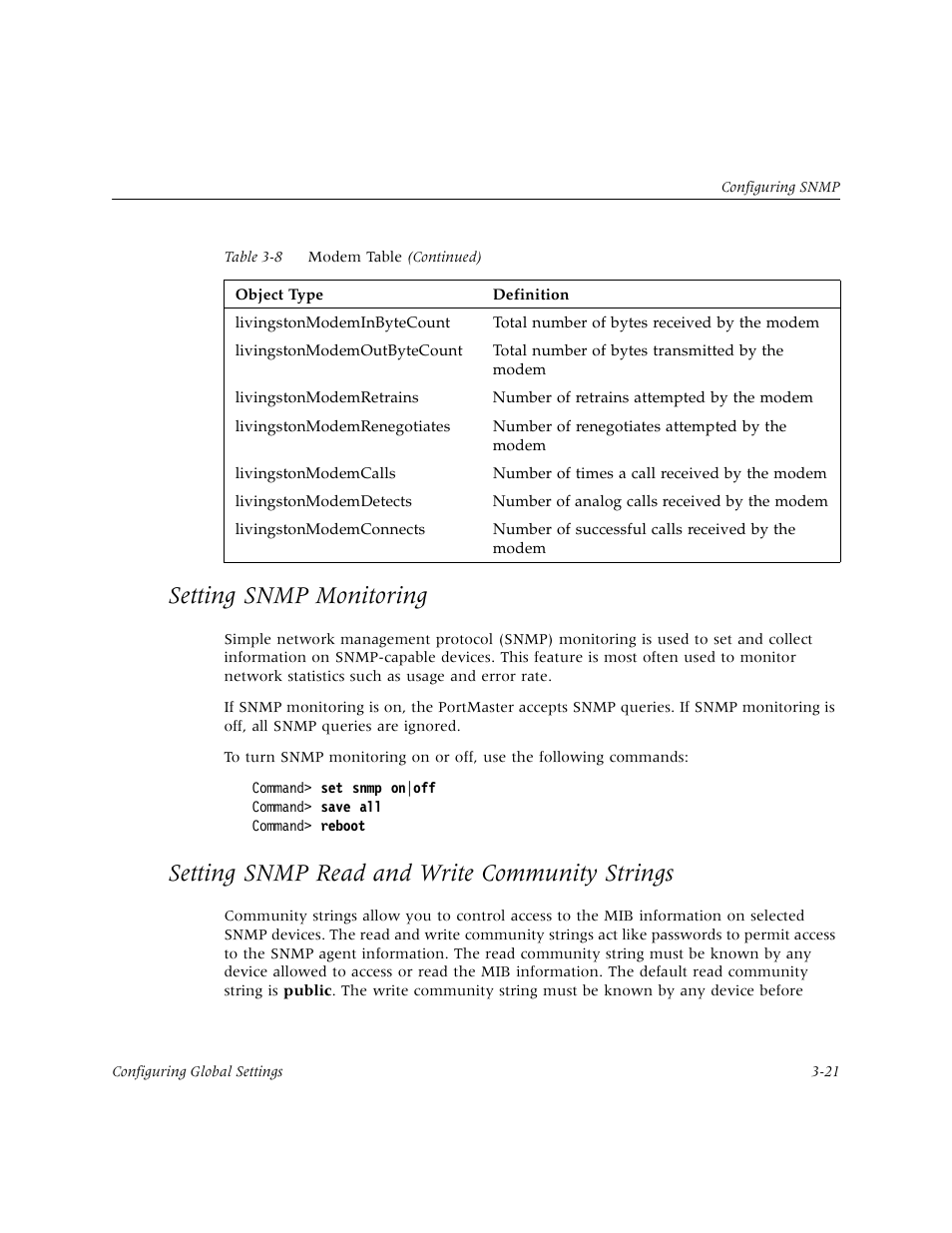 Setting snmp monitoring, Setting snmp read and write community strings, Setting snmp monitoring -21 | Setting snmp read and write community strings -21 | Lucent Technologies PortMaster User Manual | Page 59 / 364