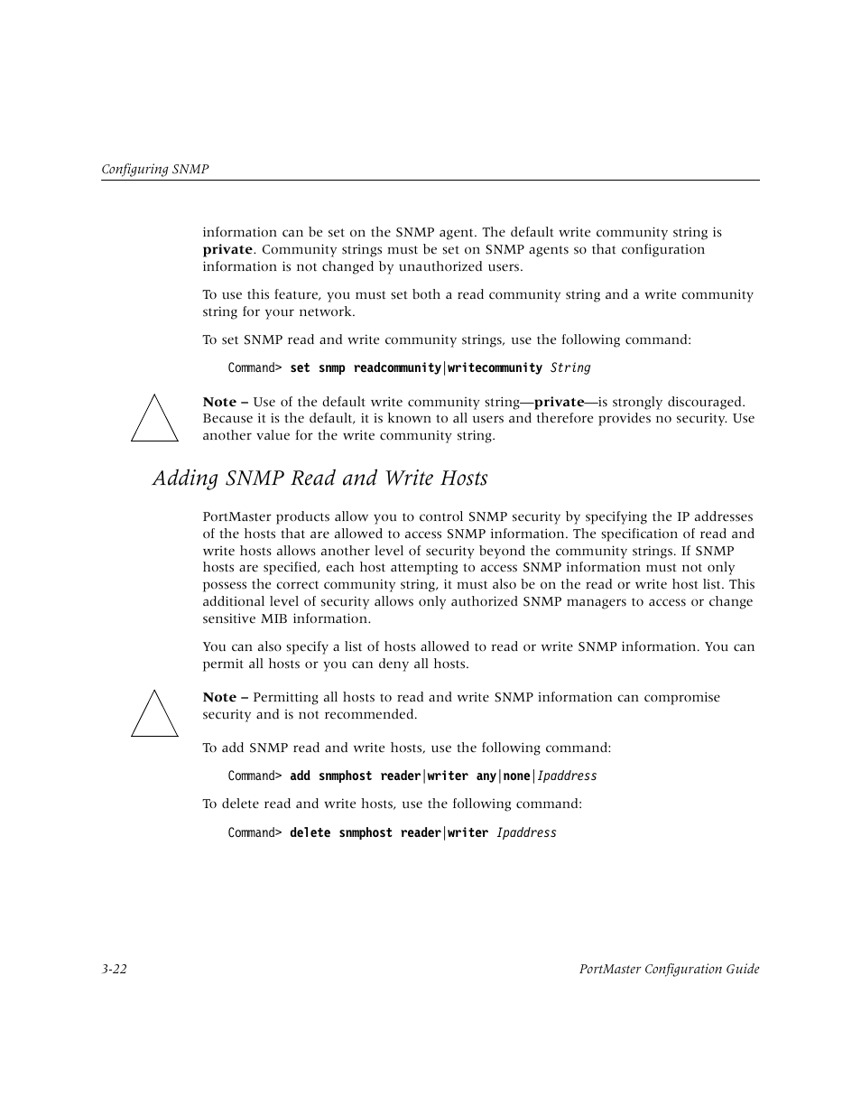Adding snmp read and write hosts, Adding snmp read and write hosts -22 | Lucent Technologies PortMaster User Manual | Page 60 / 364