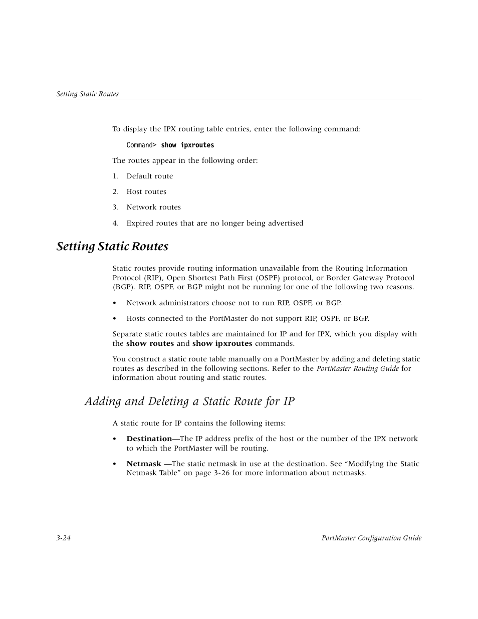 Setting static routes, Adding and deleting a static route for ip, Setting static routes -24 | Adding and deleting a static route for ip -24 | Lucent Technologies PortMaster User Manual | Page 62 / 364