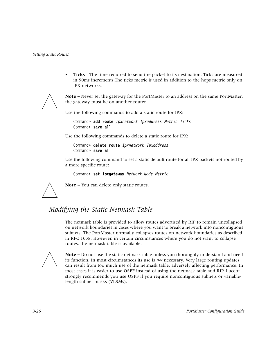 Modifying the static netmask table, Modifying the static netmask table -26 | Lucent Technologies PortMaster User Manual | Page 64 / 364