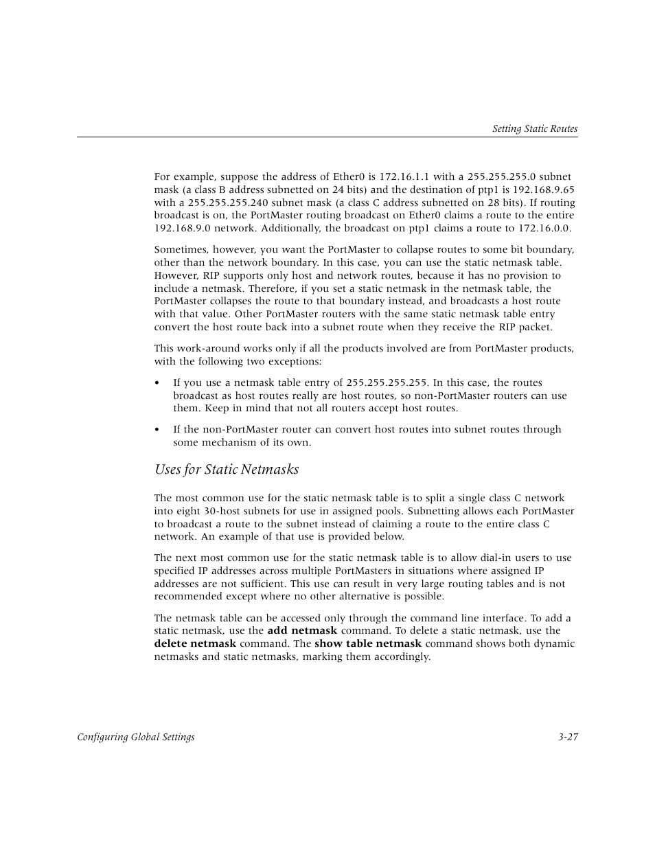Uses for static netmasks | Lucent Technologies PortMaster User Manual | Page 65 / 364