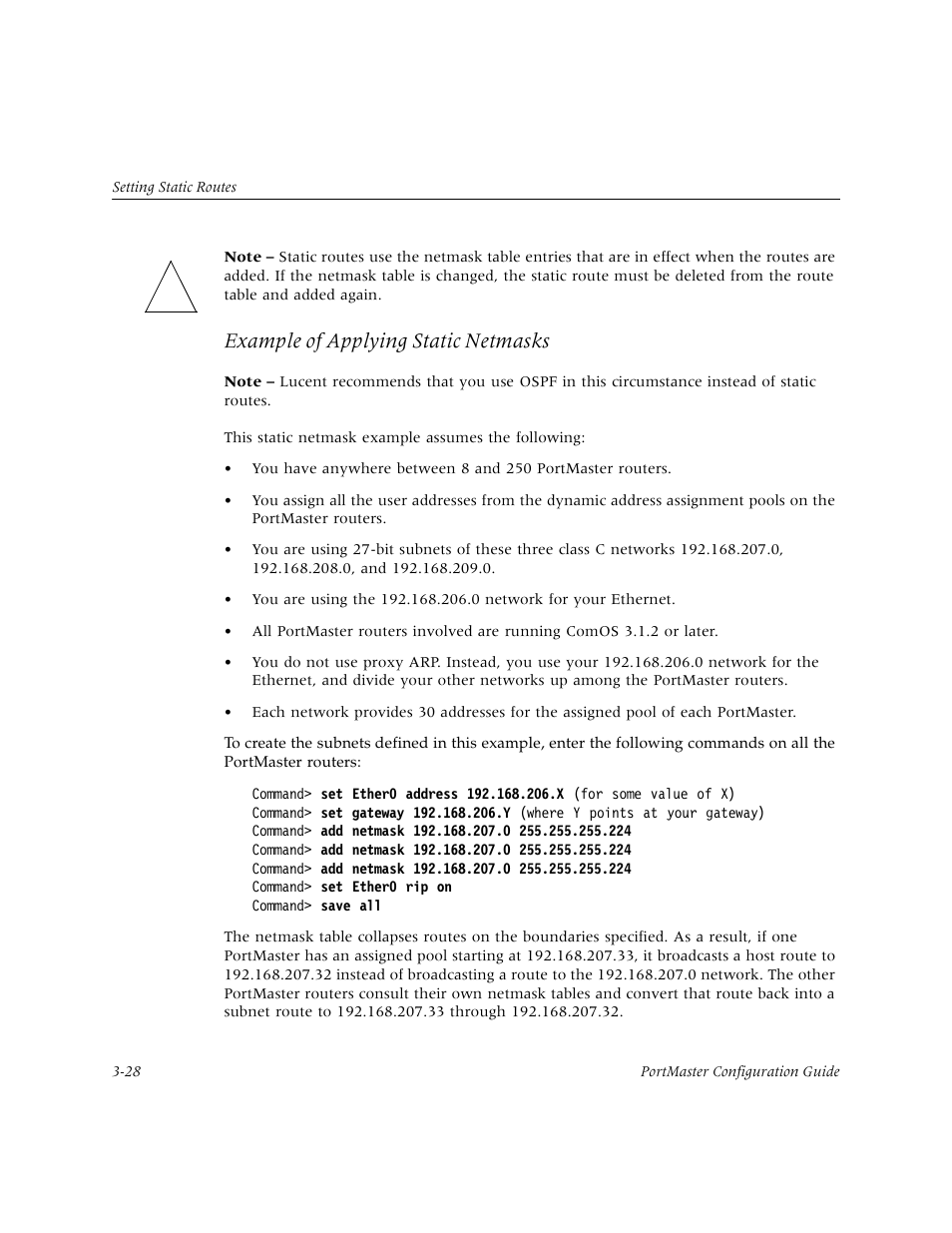 Example of applying static netmasks | Lucent Technologies PortMaster User Manual | Page 66 / 364