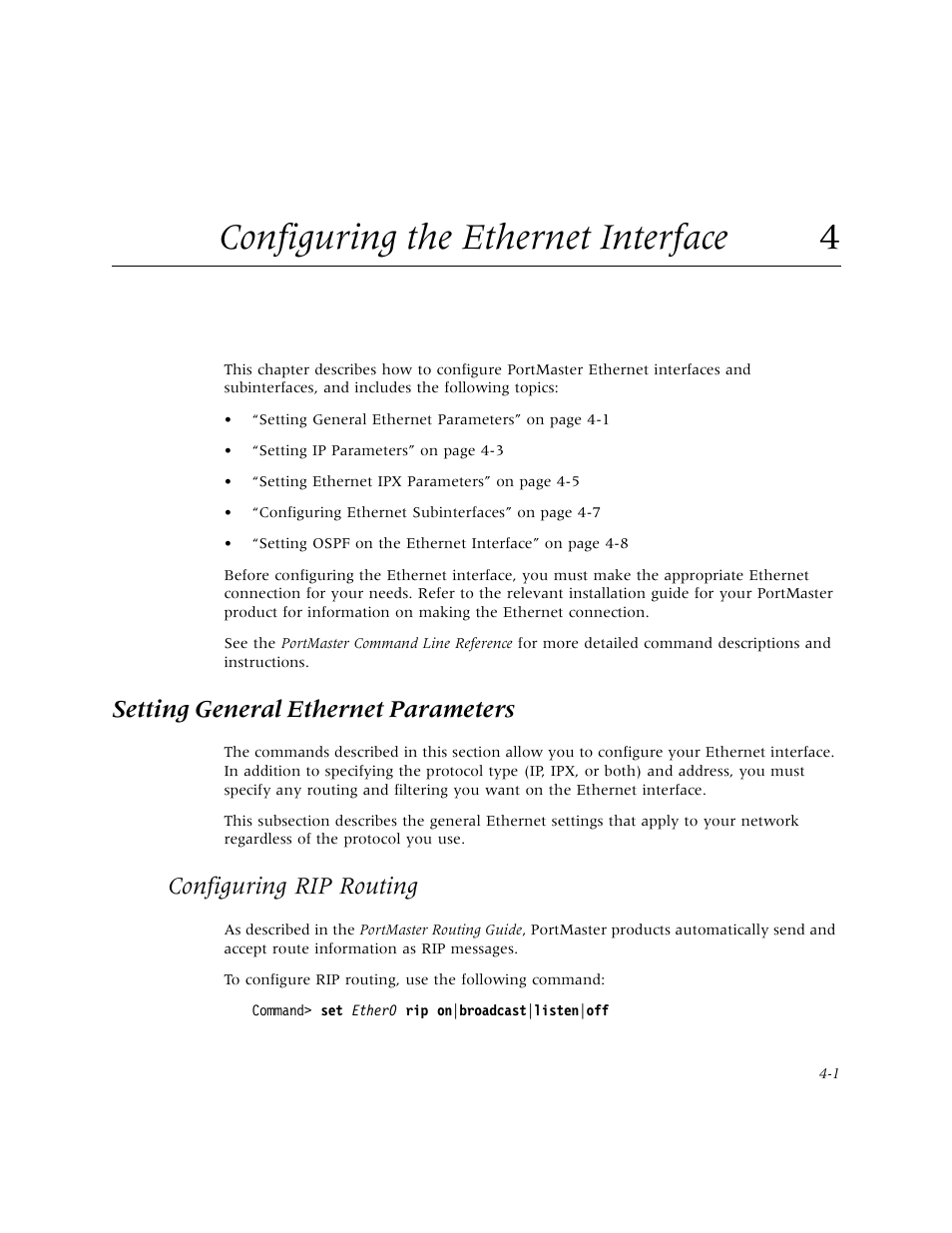 Configuring the ethernet interface 4, Setting general ethernet parameters, Configuring rip routing | Configuring the ethernet interface | Lucent Technologies PortMaster User Manual | Page 69 / 364