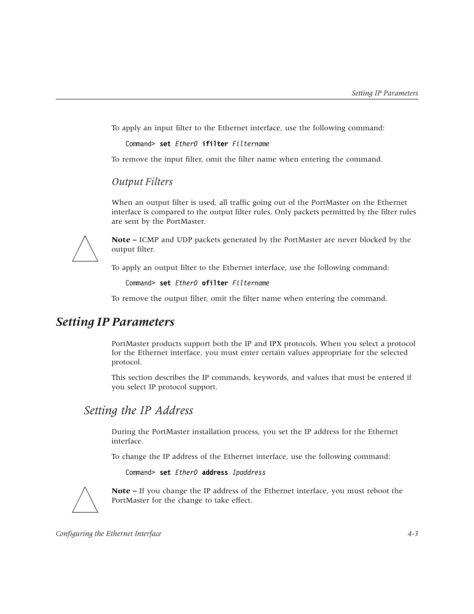 Setting ip parameters, Setting the ip address, Output filters | Lucent Technologies PortMaster User Manual | Page 71 / 364