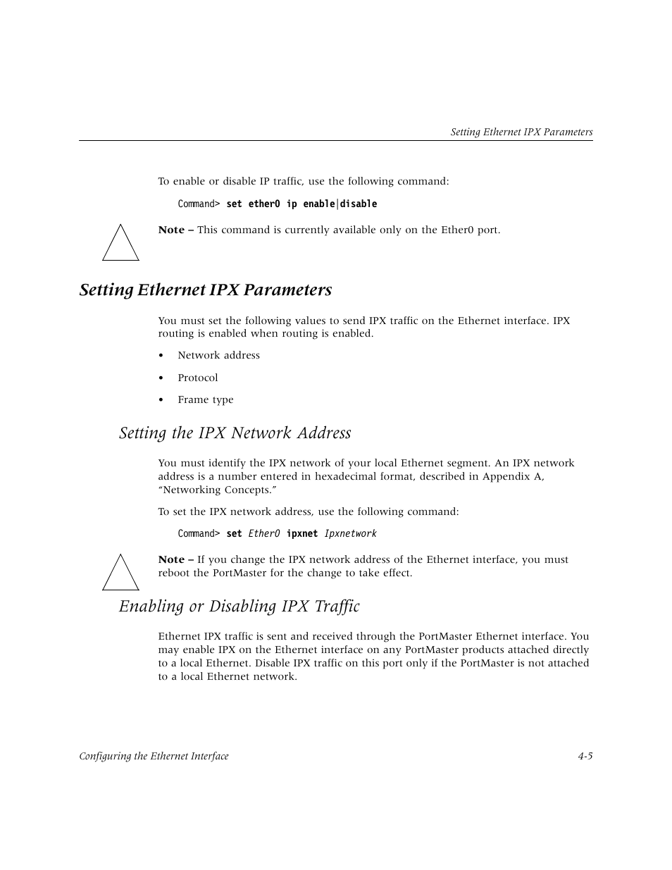 Setting ethernet ipx parameters, Setting the ipx network address, Enabling or disabling ipx traffic | Lucent Technologies PortMaster User Manual | Page 73 / 364
