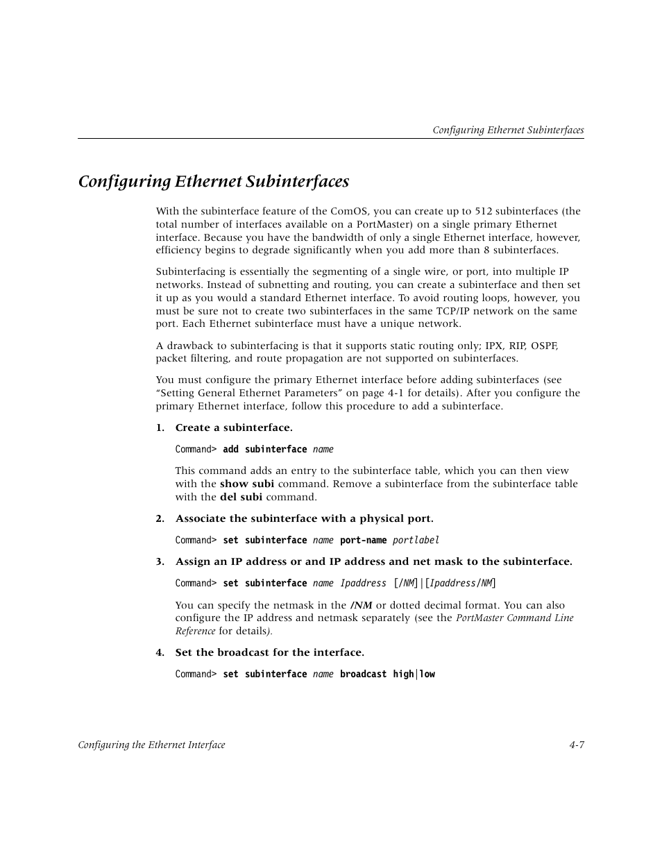 Configuring ethernet subinterfaces | Lucent Technologies PortMaster User Manual | Page 75 / 364