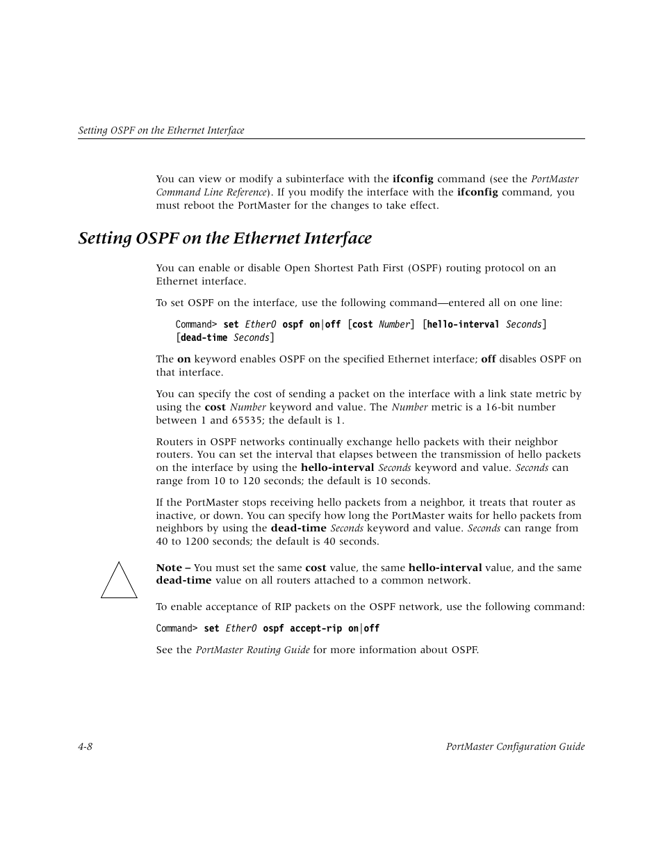 Setting ospf on the ethernet interface | Lucent Technologies PortMaster User Manual | Page 76 / 364