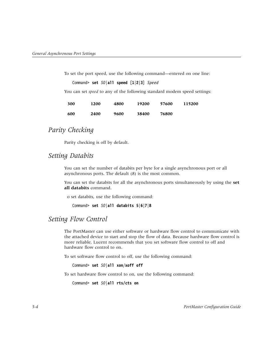 Parity checking, Setting databits, Setting flow control | Parity checking -4 | Lucent Technologies PortMaster User Manual | Page 80 / 364