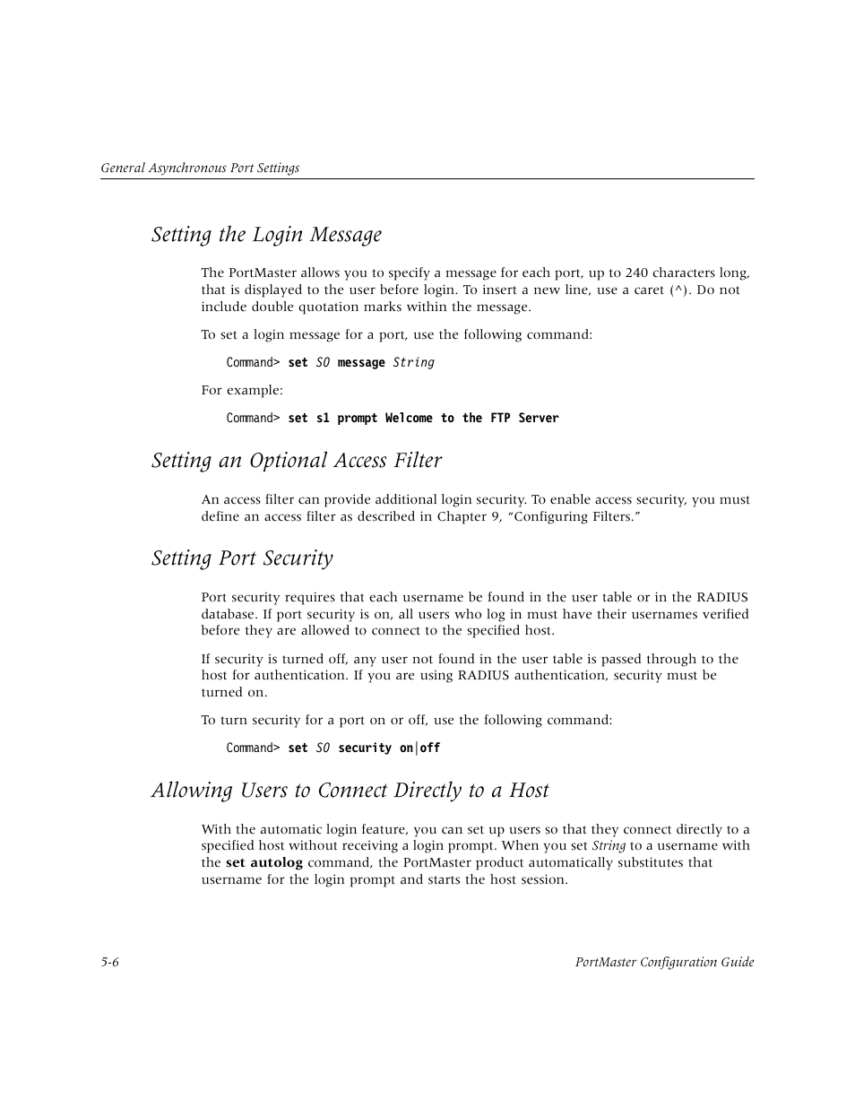 Setting the login message, Setting an optional access filter, Setting port security | Allowing users to connect directly to a host | Lucent Technologies PortMaster User Manual | Page 82 / 364