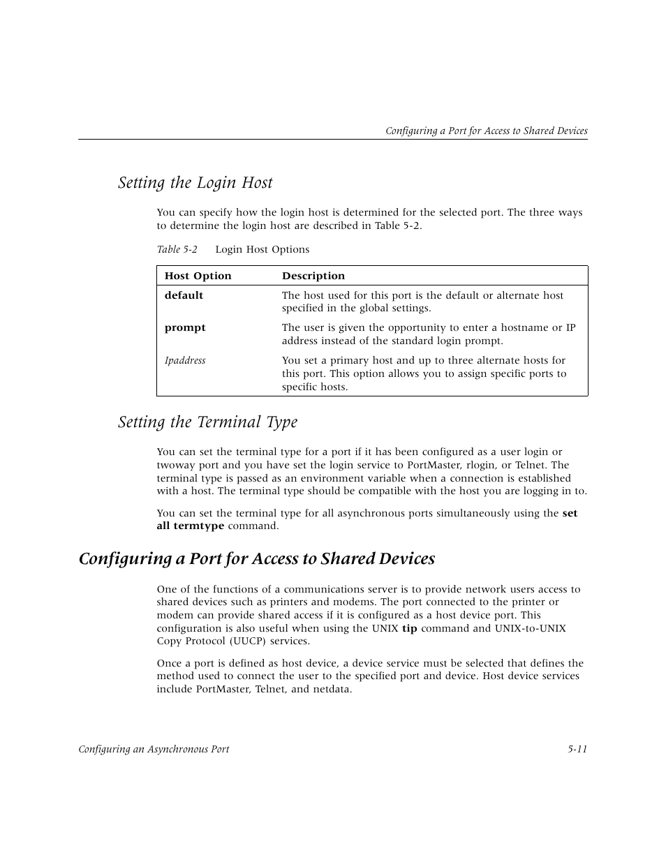 Setting the login host, Setting the terminal type, Configuring a port for access to shared devices | Setting the login host -11, Setting the terminal type -11 | Lucent Technologies PortMaster User Manual | Page 87 / 364