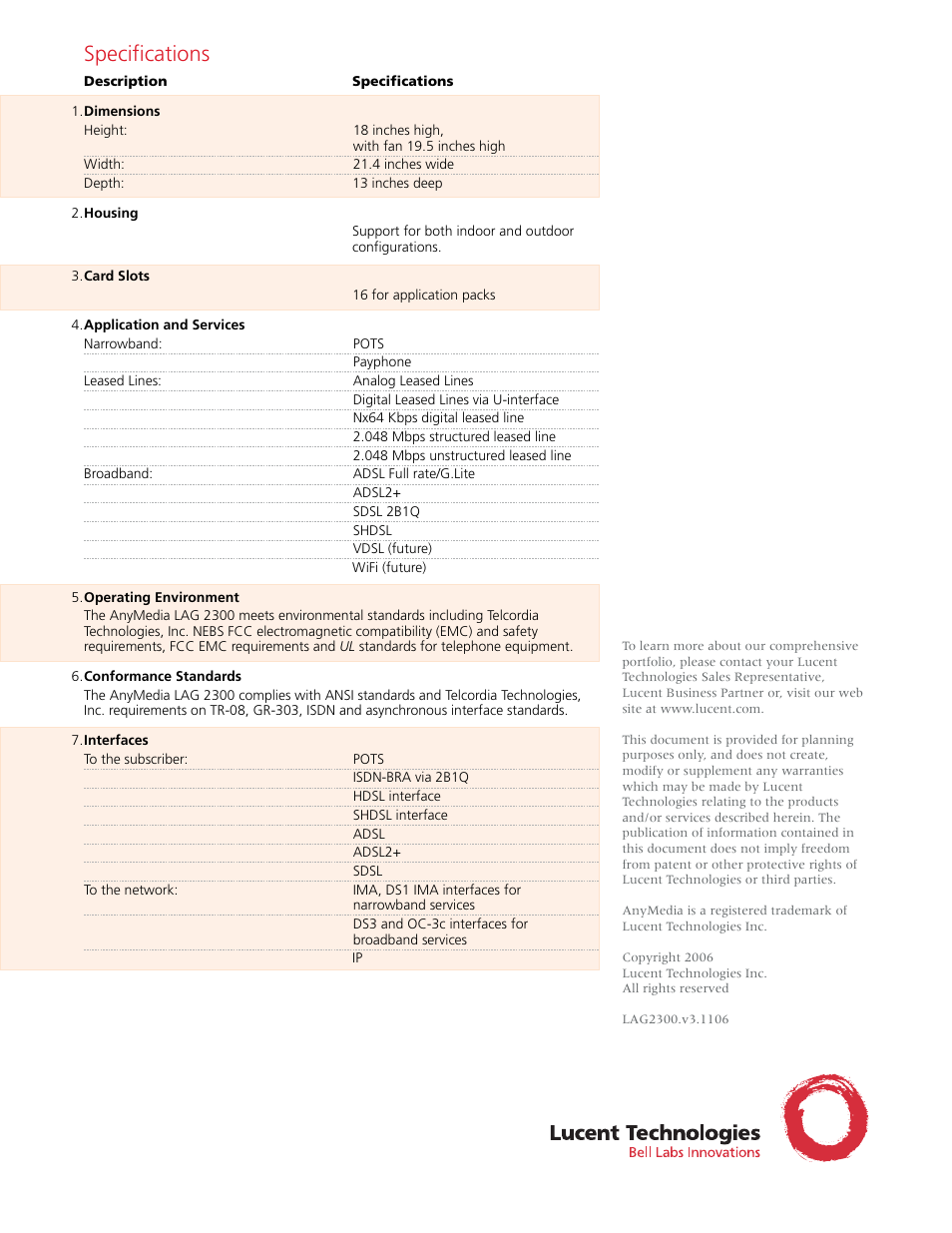 Specifications | Lucent Technologies 2300 User Manual | Page 2 / 2