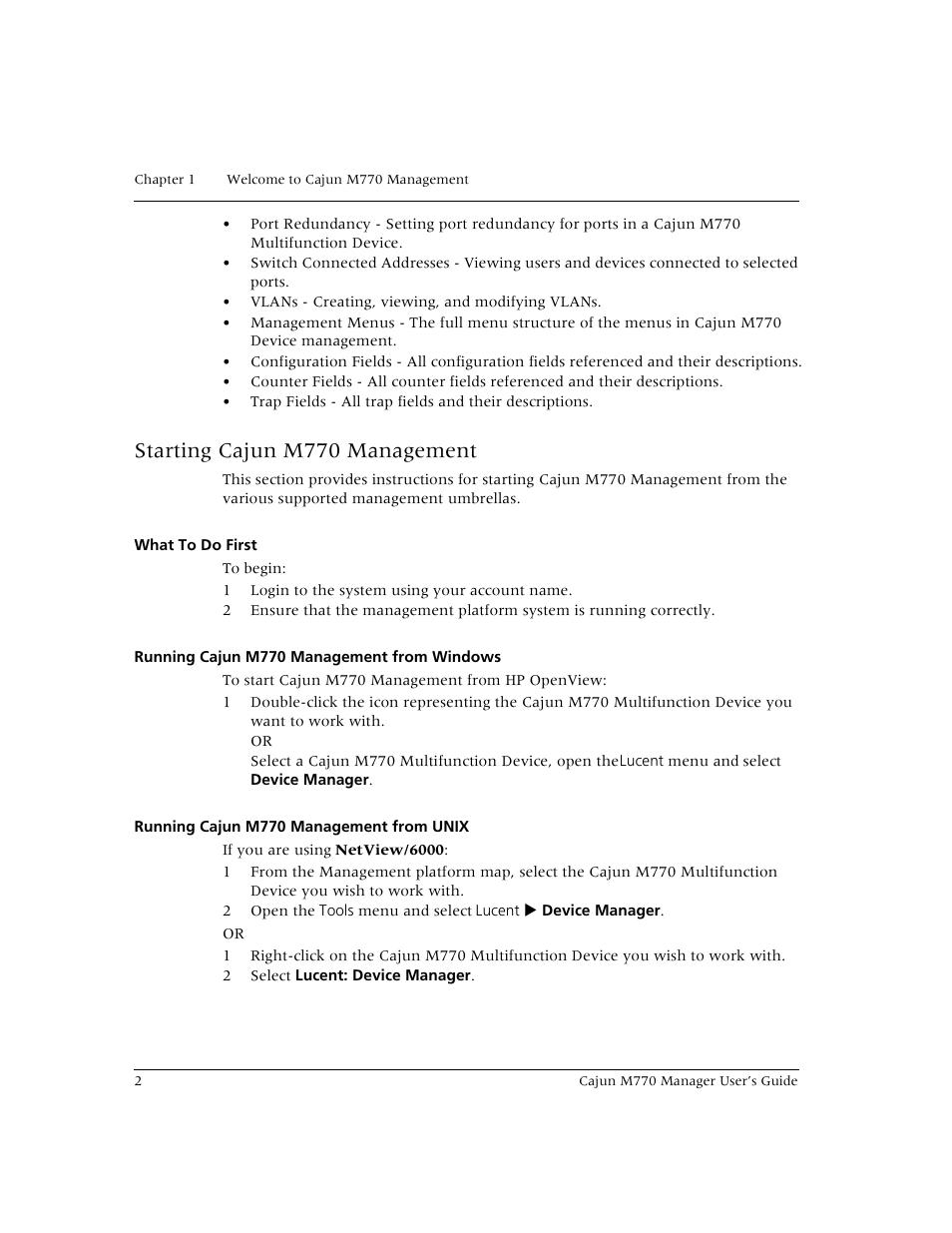Starting cajun m770 management, What to do first, Running cajun m770 management from windows | Running cajun m770 management from unix | Lucent Technologies Cajun M770 User Manual | Page 12 / 72