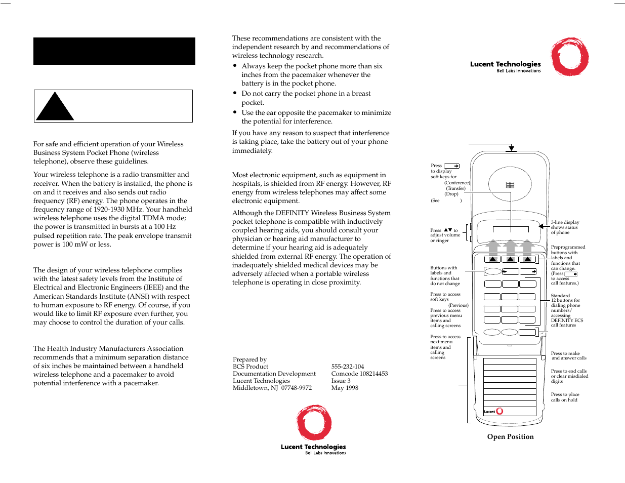Important safety guidelines for users, Exposure to radio frequency energy, Cardiac pacemakers | Electromagnetic compatibility warning definity | Lucent Technologies Definity 9601 User Manual | Page 5 / 6