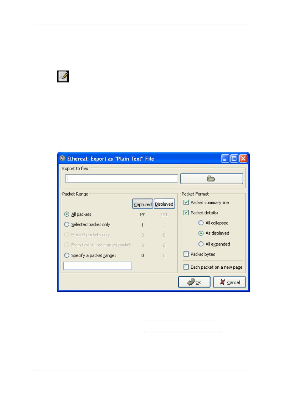 Exporting data, The "export as plain text file" dialog box, The "export as postscript file" dialog box | Section 5.6.1, “the "export as, Plain text file" dialog box, Section 5.6.2, “the "export as postscript, File" dialog box | Lucent Technologies Ethereal User Manual | Page 101 / 199