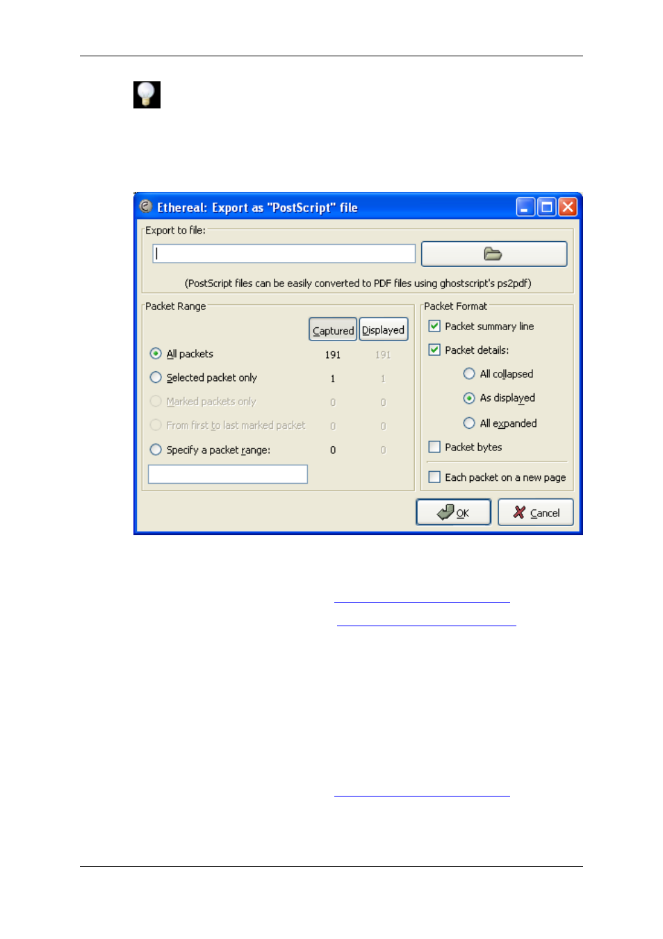 The "export as psml file" dialog box | Lucent Technologies Ethereal User Manual | Page 102 / 199