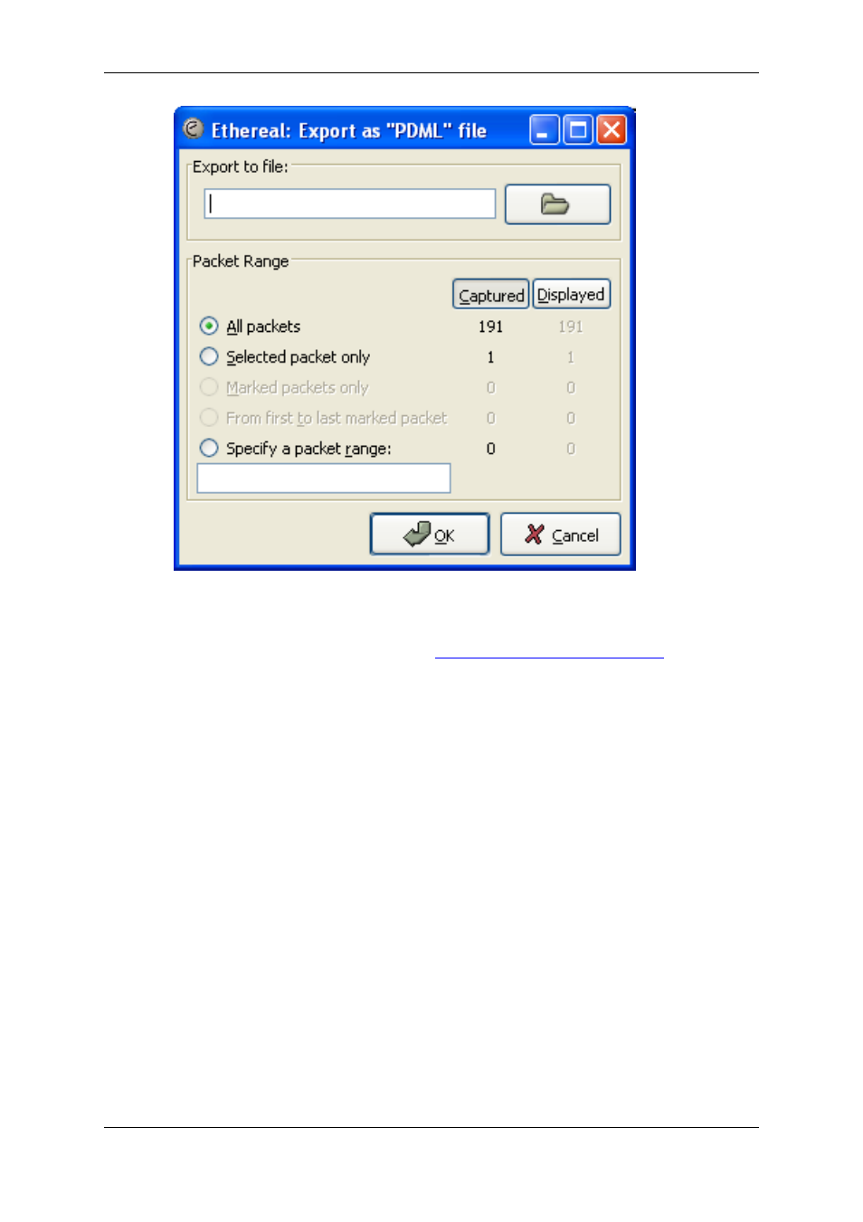 The "export selected packet bytes" dialog box, Section 5.6.6, “the "export selected, Packet bytes" dialog box | Lucent Technologies Ethereal User Manual | Page 104 / 199