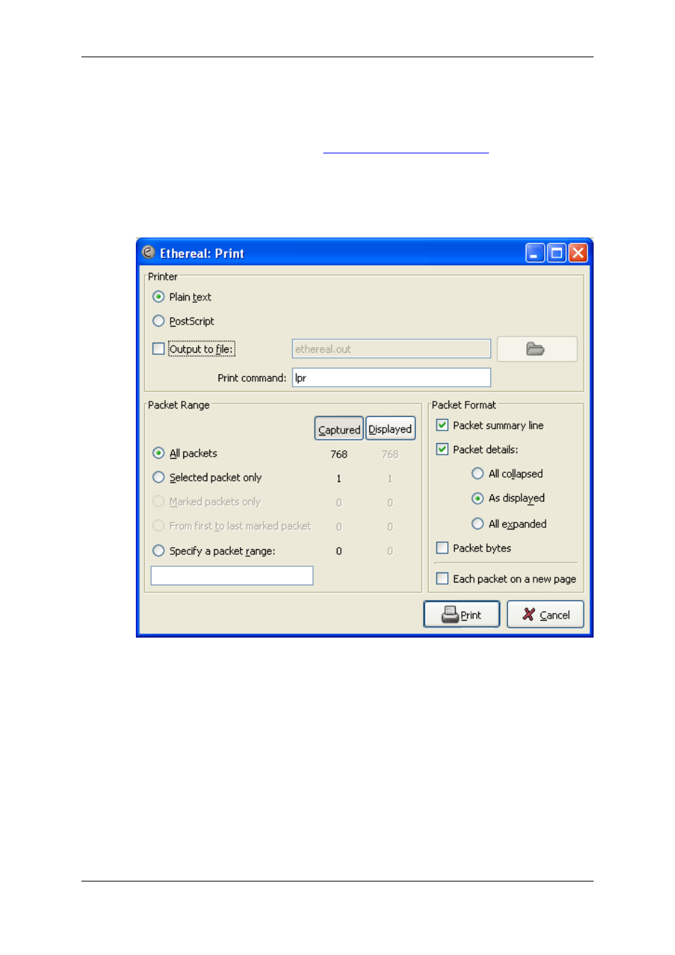 Printing packets, The "print" dialog box, Section 5.7, “printing packets | Section 5.7, “printing | Lucent Technologies Ethereal User Manual | Page 106 / 199