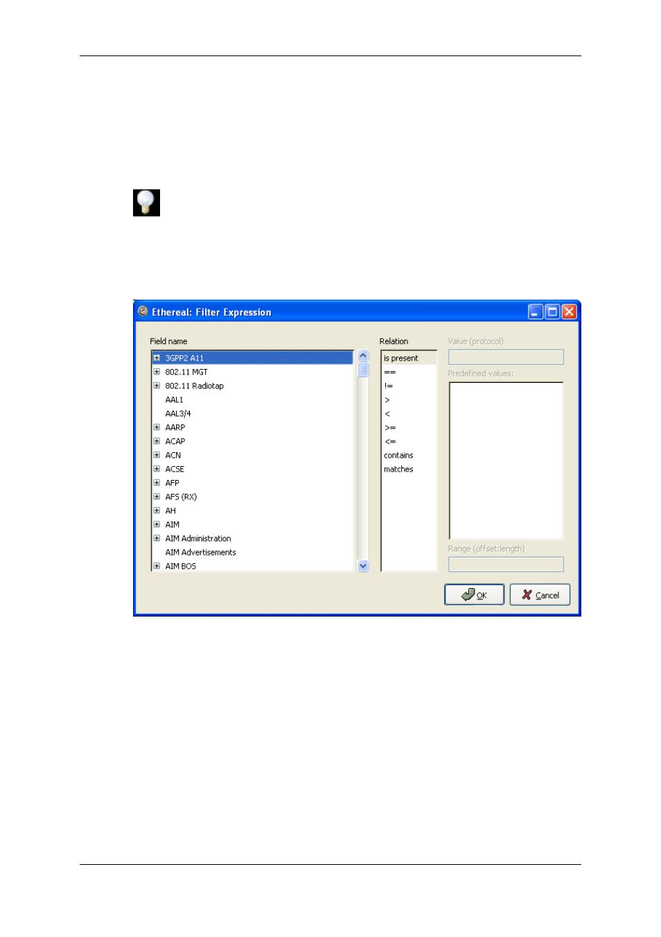 The "filter expression" dialog box, Section 6.4, “the "filter expression" dialog box | Lucent Technologies Ethereal User Manual | Page 123 / 199