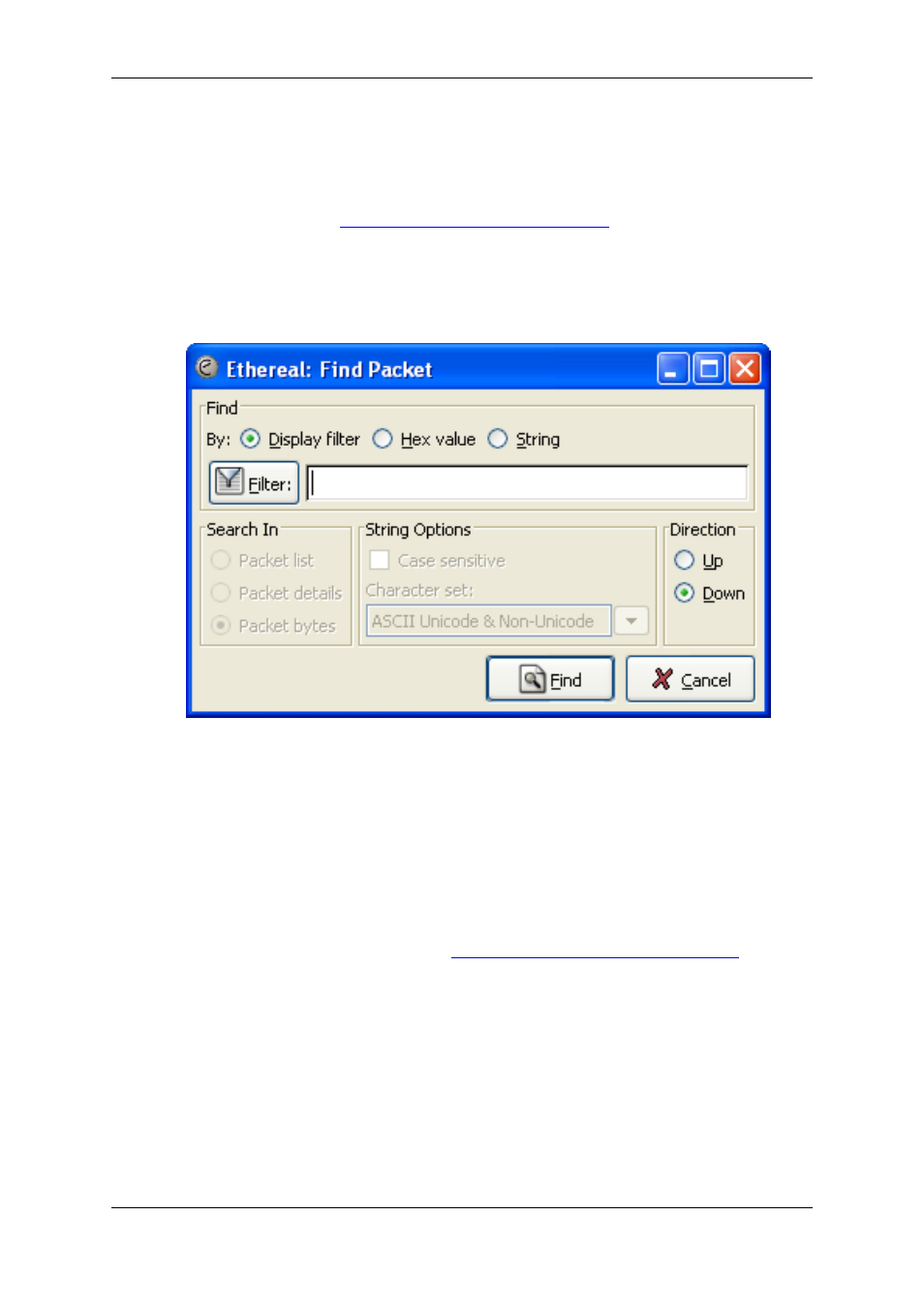 Finding packets, The "find packet" dialog box, Tion 6.6, “finding packets | Section 6.6, “finding packets | Lucent Technologies Ethereal User Manual | Page 127 / 199