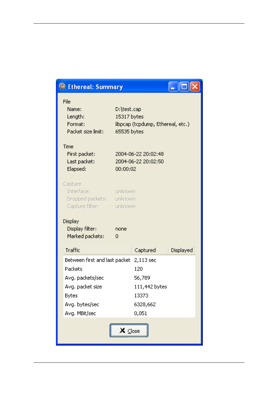 The "summary" window, Section 8.2, “the "sum, Mary" window | Lucent Technologies Ethereal User Manual | Page 142 / 199