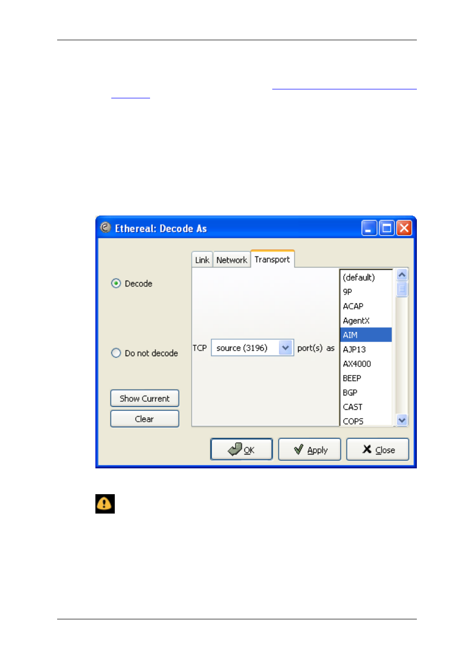 User specified decodes, Section 9.4.2, “user specified decodes, Warning | Lucent Technologies Ethereal User Manual | Page 165 / 199