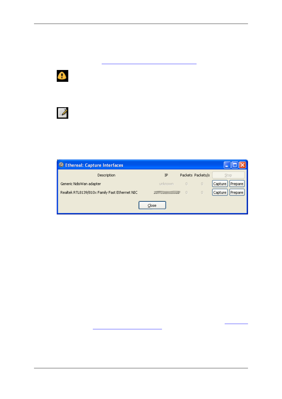 The "capture interfaces" dialog box, Section 4.4, “the "capture in, Terfaces" dialog box | Figure 4.1, “the "capture interfaces" dialog box, Warning | Lucent Technologies Ethereal User Manual | Page 78 / 199