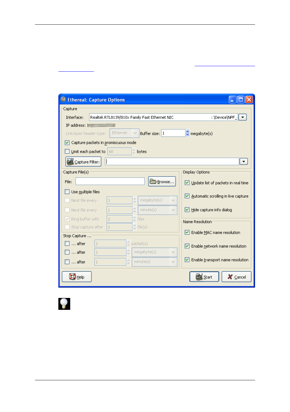 The "capture options" dialog box, Capture frame, Section 4.5, “the "capture options" dialog box | Figure 4.2, “the, Capture options" dialog box, Section 4.5 | Lucent Technologies Ethereal User Manual | Page 79 / 199