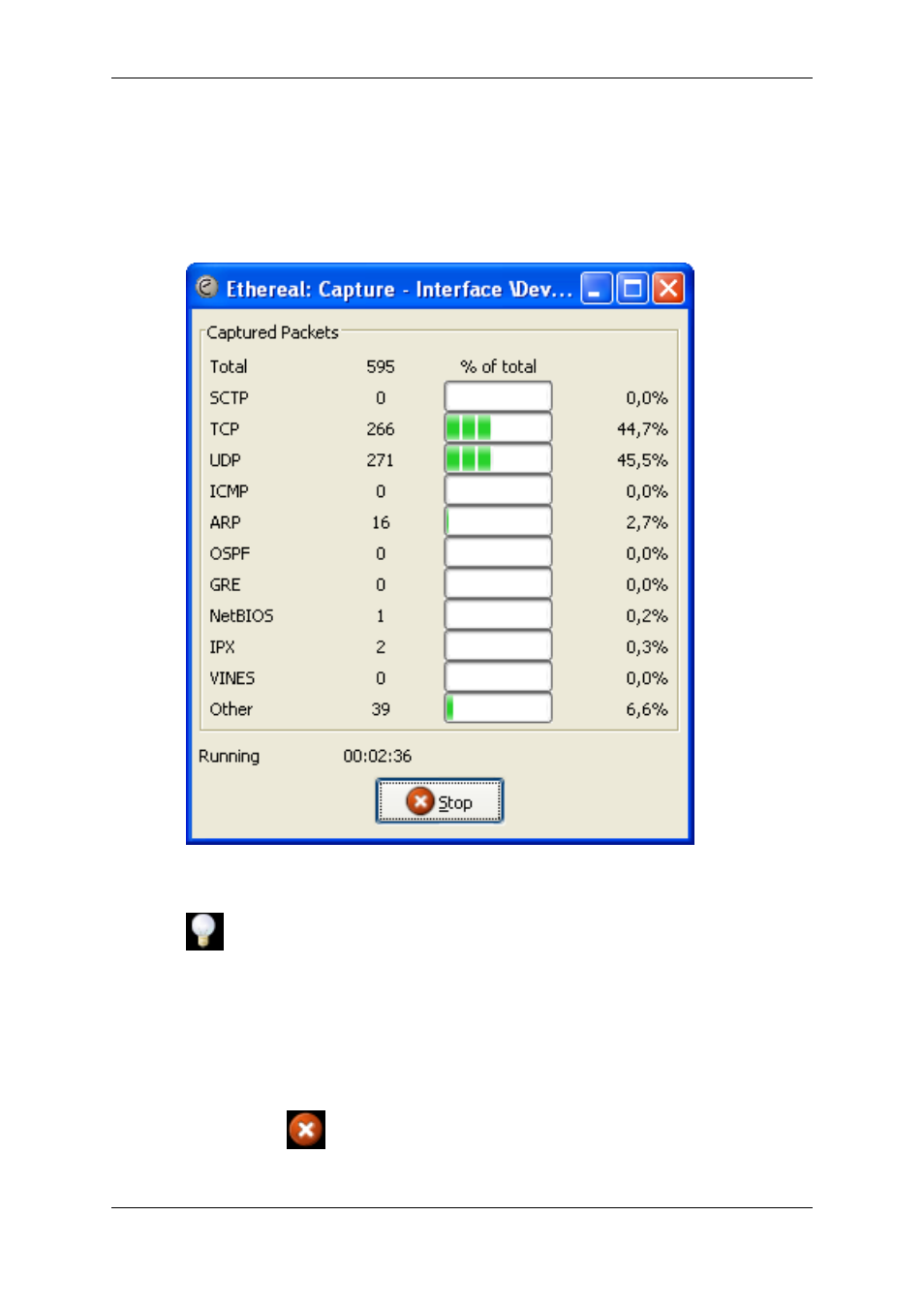 While a capture is running, Stop the running capture, Section 4.9.1 | Section 4.9, “while a capture is running | Lucent Technologies Ethereal User Manual | Page 88 / 199