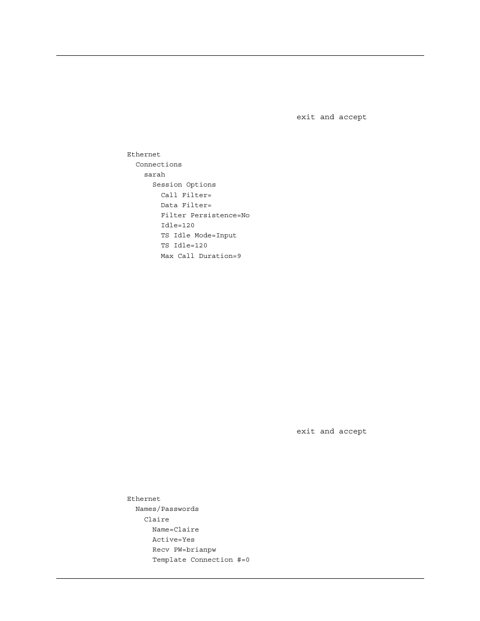 Example of setting time limits, Configuring names/passwords profiles, Example of a names/passwords profile configuration | Example of setting time limits -42, Configuring names/passwords profiles -42 | Lucent Technologies 6000 User Manual | Page 174 / 586