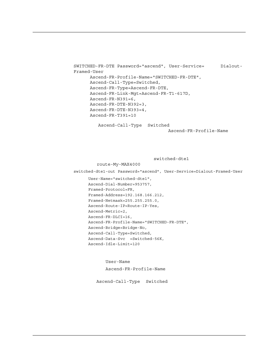 Sample radius frame relay data link profile, Sample radius user profile | Lucent Technologies 6000 User Manual | Page 286 / 586