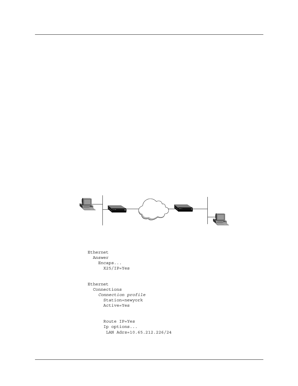 Route ip and lan adrs, Example of an x.25 ip configuration, Figure 6-1 example of an x.25 ip connection -10 | Lucent Technologies 6000 User Manual | Page 296 / 586