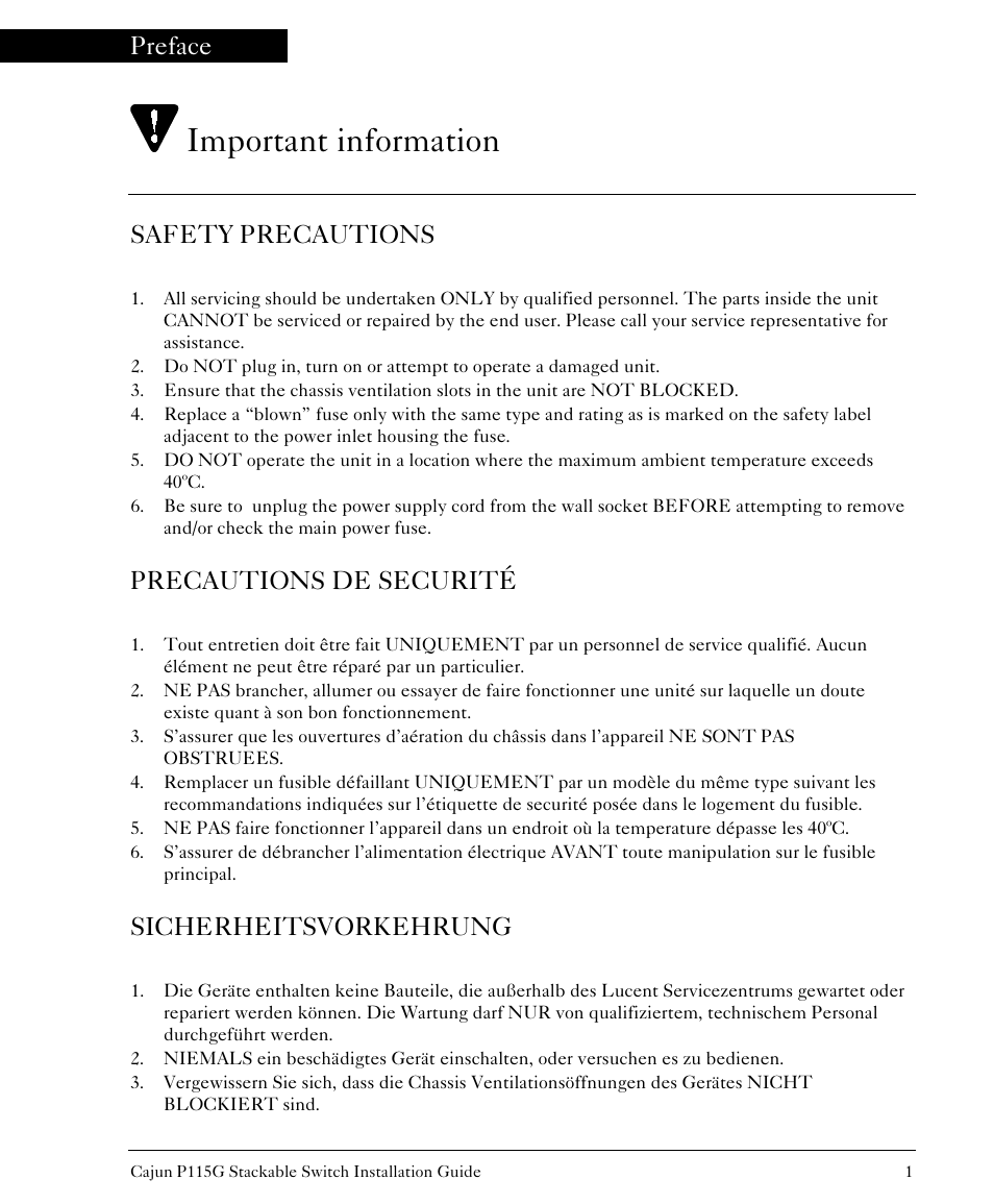 Important information, Preface, Safety precautions | Precautions de securité, Sicherheitsvorkehrung | Lucent Technologies P115G User Manual | Page 2 / 15