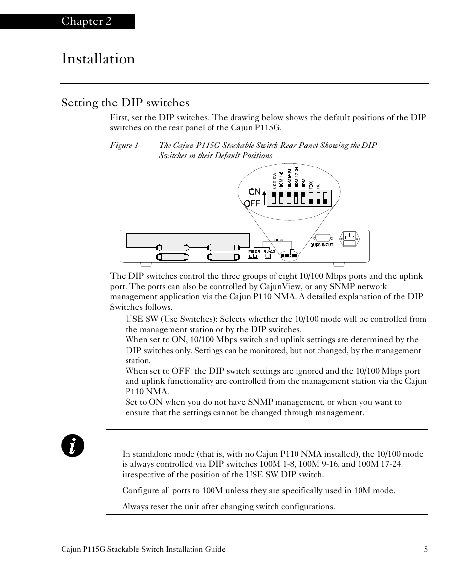 Installation, Chapter 2, Setting the dip switches | Lucent Technologies P115G User Manual | Page 6 / 15