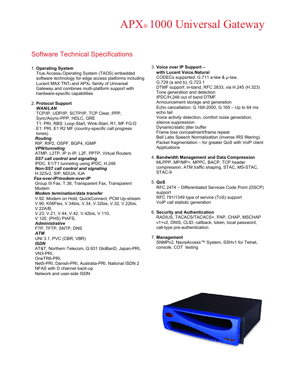 Software technical specifications, Wan/lan, Vpn/tunneling | 1000 universal gateway | Lucent Technologies APX 1000 User Manual | Page 2 / 4