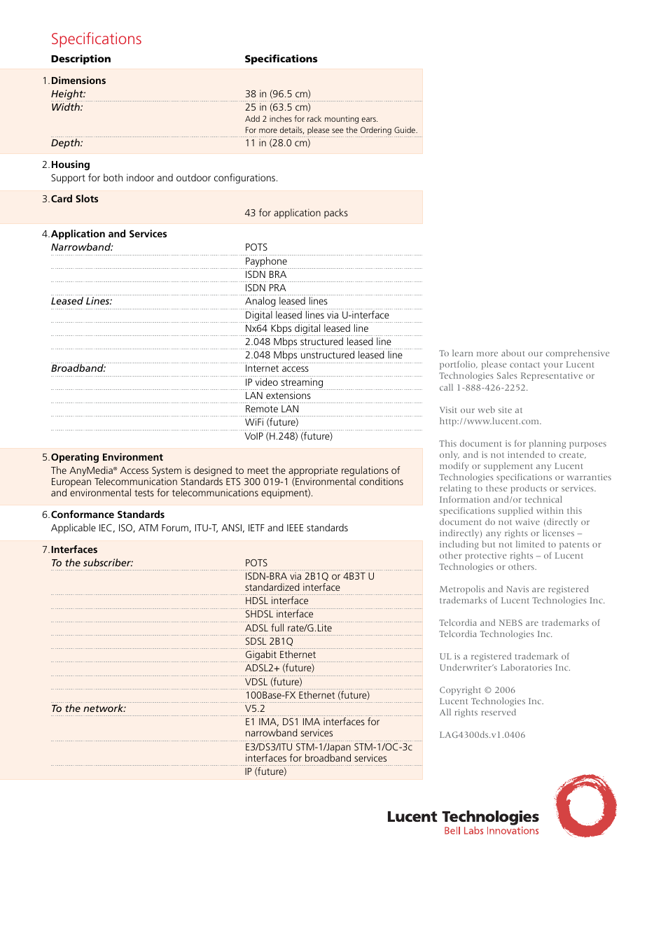 Specifications | Lucent Technologies AnyMedia 4300 User Manual | Page 2 / 2