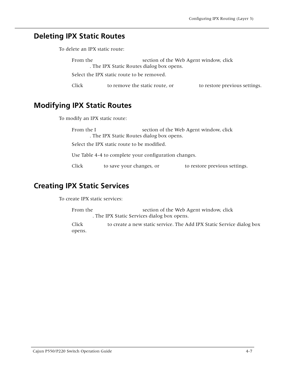 Deleting ipx static routes, Modifying ipx static routes, Creating ipx static services | Lucent Technologies P550 User Manual | Page 103 / 335