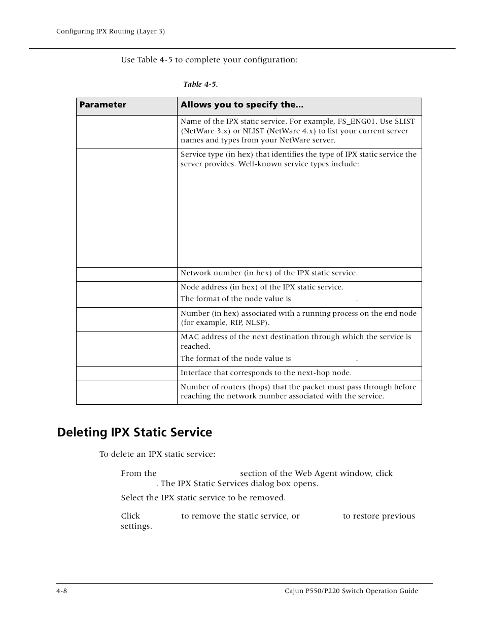 Deleting ipx static service, Deleting ipx static service -8 | Lucent Technologies P550 User Manual | Page 104 / 335