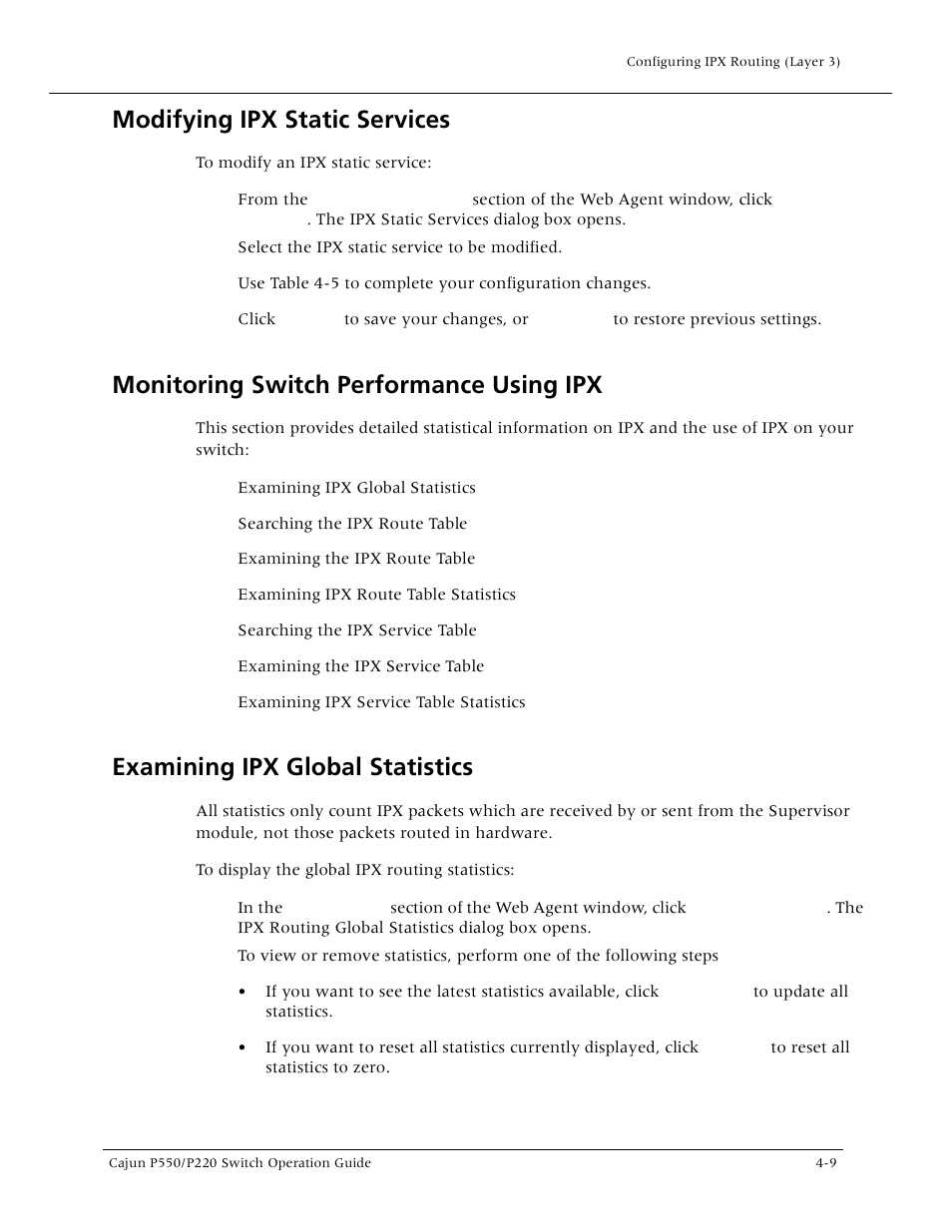 Modifying ipx static services, Monitoring switch performance using ipx, Examining ipx global statistics | Lucent Technologies P550 User Manual | Page 105 / 335