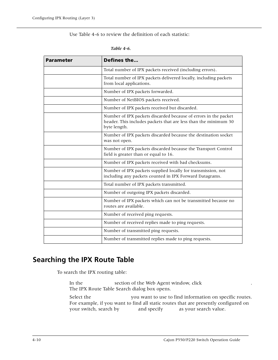 Searching the ipx route table, Searching the ipx route table -10, Searching the ipx route tabl | Lucent Technologies P550 User Manual | Page 106 / 335