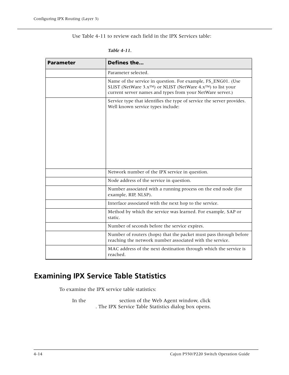 Examining ipx service table statistics, Examining ipx service table statistics -14, Examining igmp interface statistics -28 | Examining ipx service table statistic | Lucent Technologies P550 User Manual | Page 110 / 335