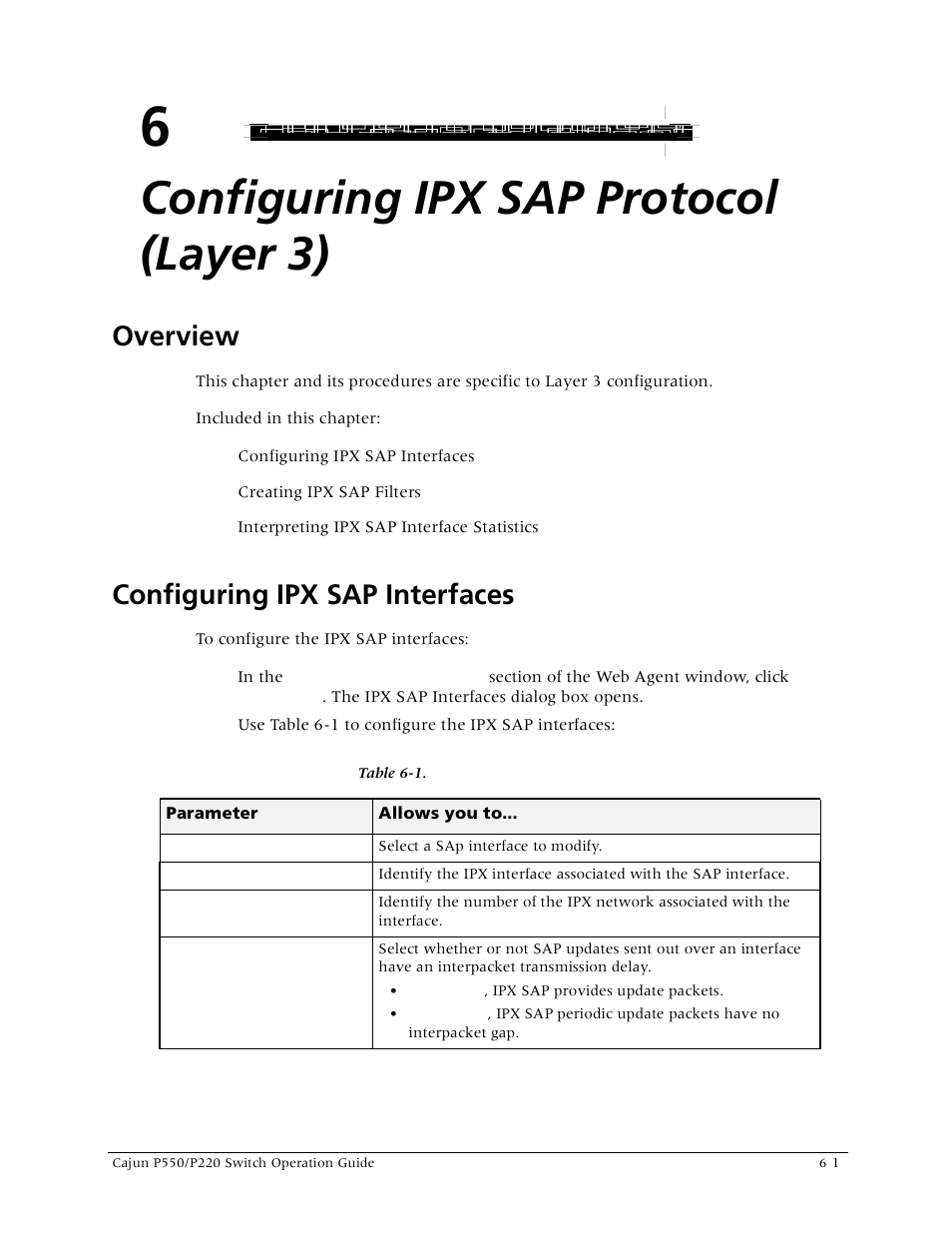 Configuring ipx sap protocol (layer 3), Configuring ipx sap interfaces, Chapter 6 — configuring ipx sap protocol (layer 3) | Overview -1 configuring ipx sap interfaces -1, Overview | Lucent Technologies P550 User Manual | Page 119 / 335