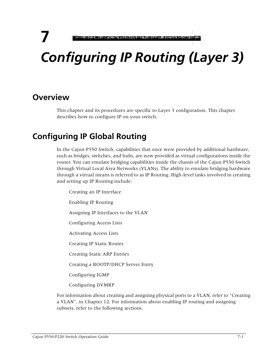 Configuring ip routing (layer 3), Configuring ip global routing, Chapter 7 — configuring ip routing (layer 3) | Overview -1 configuring ip global routing -1, Overview | Lucent Technologies P550 User Manual | Page 127 / 335