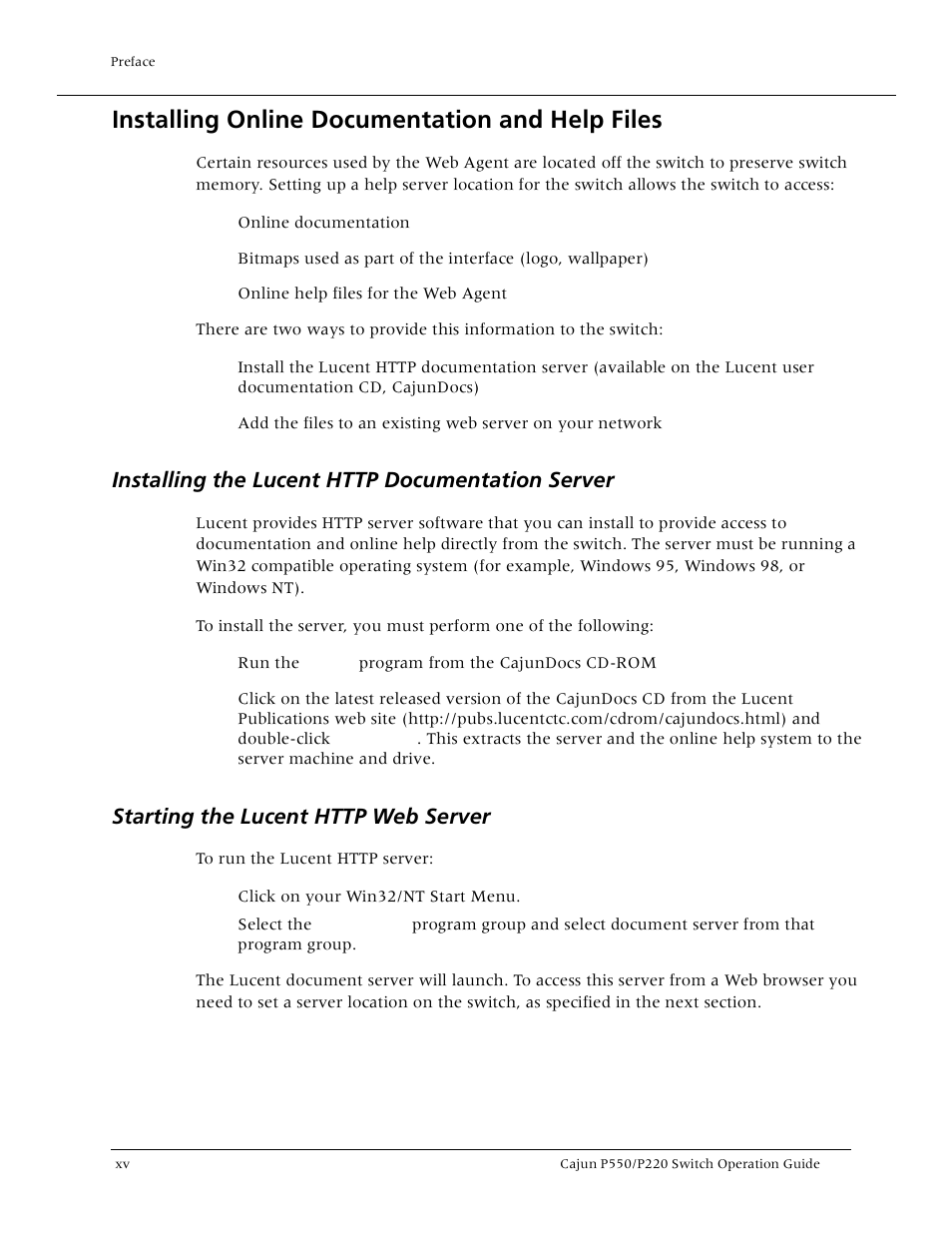 Installing online documentation and help files, Installing the lucent http documentation server, Starting the lucent http web server | Lucent Technologies P550 User Manual | Page 14 / 335