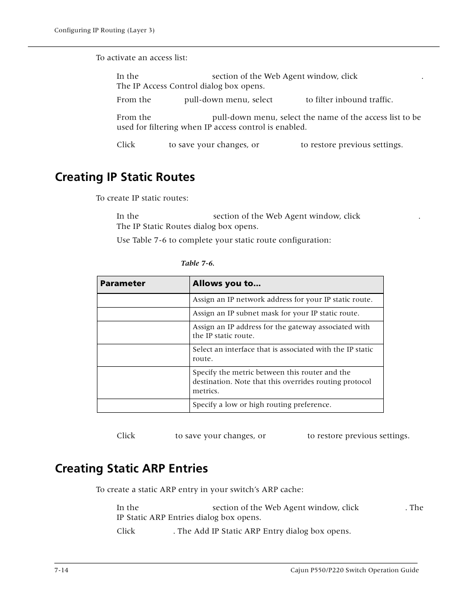 Creating ip static routes, Creating static arp entries | Lucent Technologies P550 User Manual | Page 140 / 335