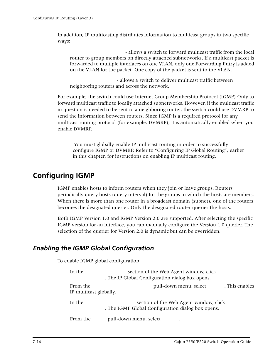 Configuring igmp, Enabling the igmp global configuration, Configuring igmp -16 | Enabling the igmp global configuration -16 | Lucent Technologies P550 User Manual | Page 142 / 335