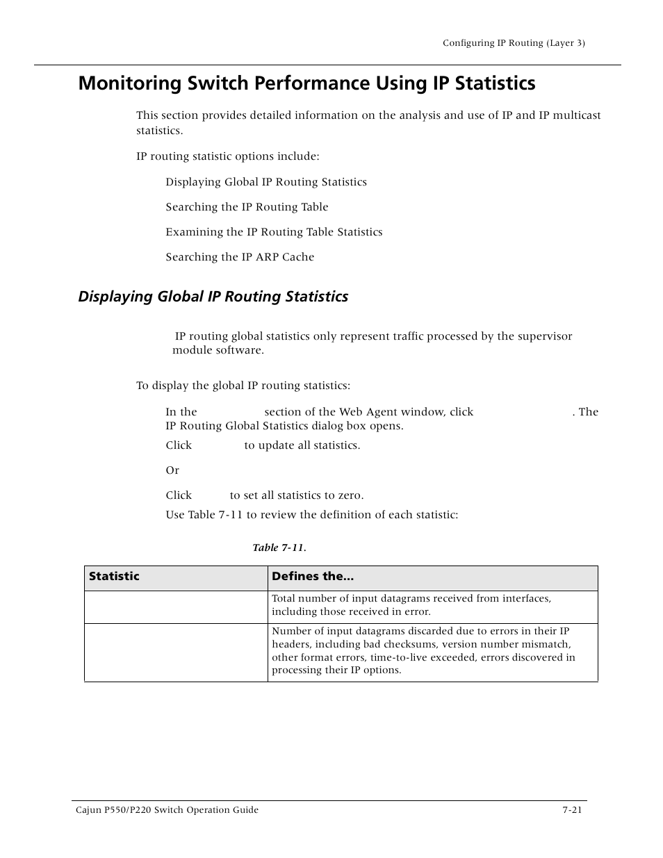 Monitoring switch performance using ip statistics, Displaying global ip routing statistics, Displaying global ip routing statistics -21 | Lucent Technologies P550 User Manual | Page 147 / 335