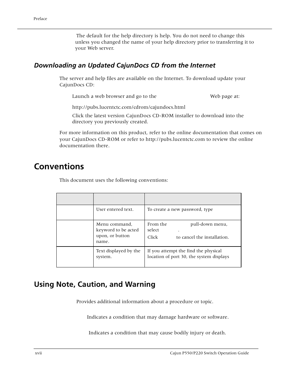 Conventions, Using note, caution, and warning | Lucent Technologies P550 User Manual | Page 16 / 335