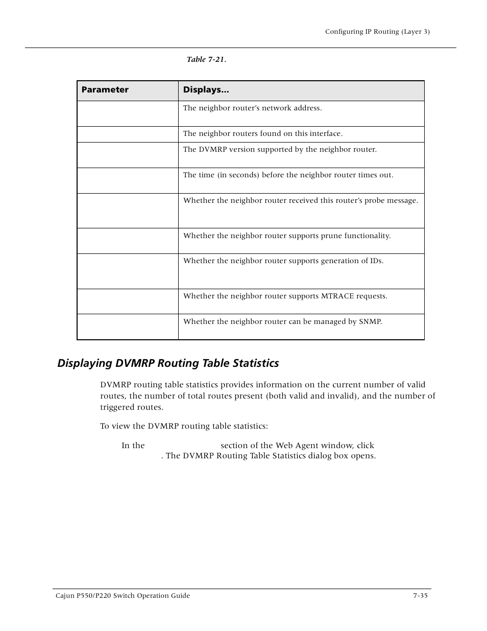 Displaying dvmrp routing table statistics, Displaying dvmrp routing table statistics -35, Displaying dvmrp routing table statistic | Lucent Technologies P550 User Manual | Page 161 / 335